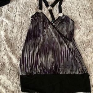 purple, light gray, black tank top with silver sings on straps!
